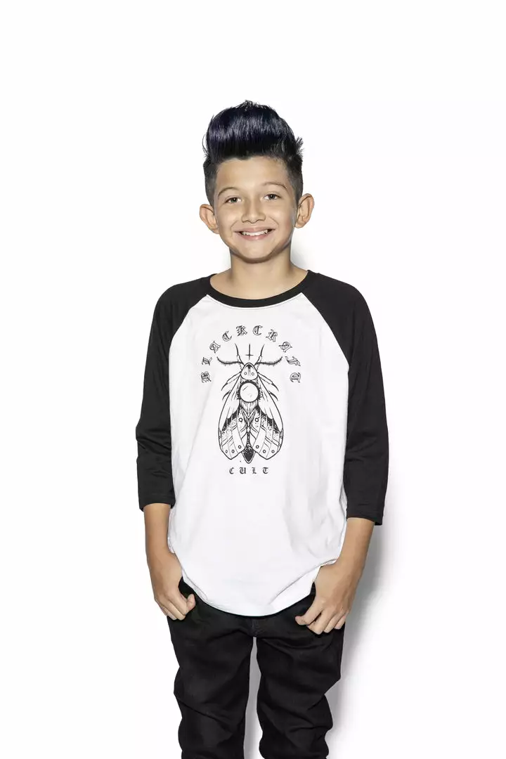 Blackcraft Cult Kids Moth Planchette - Child's Baseball Tee 3 Blackcraft Cult Kids Moth Planchette - Child's Baseball Tee