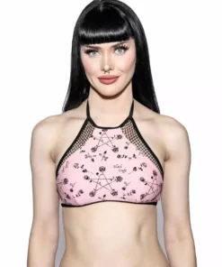 ACDC Pink Pentagram Rose Mesh Swim Top