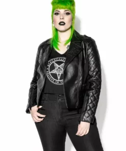 HK East Never Trust Quilted Faux Leather Moto Jacket Womens